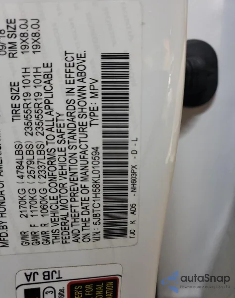 2019 Acura Rdx Technology from USA, damaged, VIN 5J8TC1H58KL010594